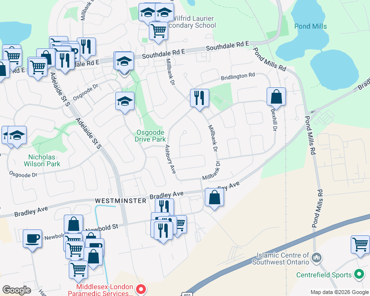 map of restaurants, bars, coffee shops, grocery stores, and more near 56 Barrett Crescent in London