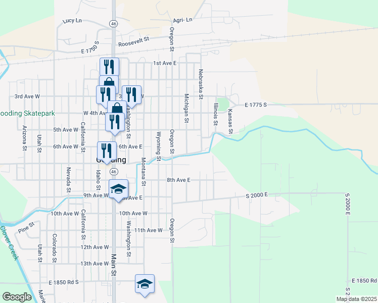 map of restaurants, bars, coffee shops, grocery stores, and more near 574 Michigan Street in Gooding