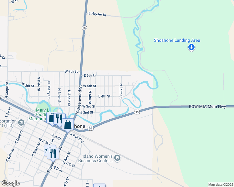 map of restaurants, bars, coffee shops, grocery stores, and more near 324 North Dorothy Street in Shoshone