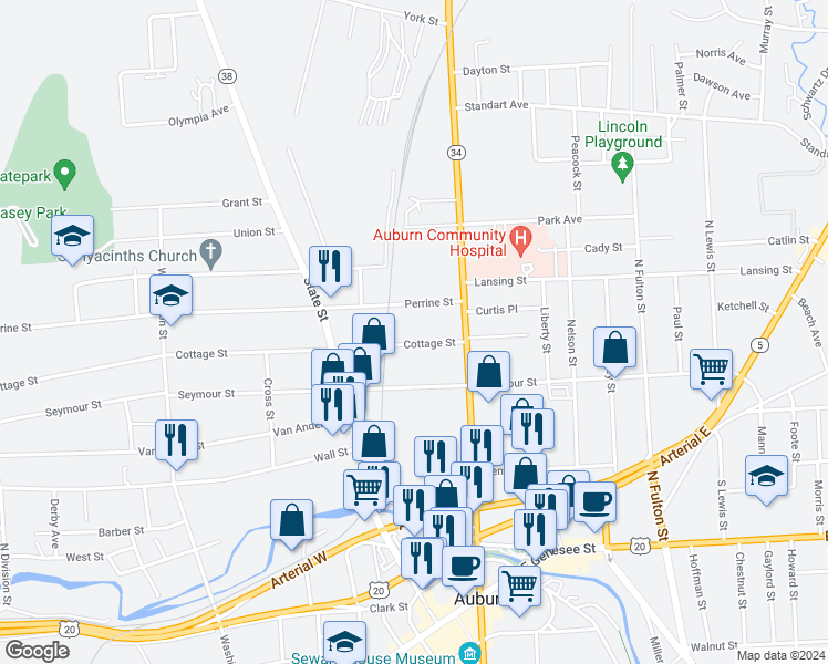 map of restaurants, bars, coffee shops, grocery stores, and more near 19 Cottage Street in Auburn