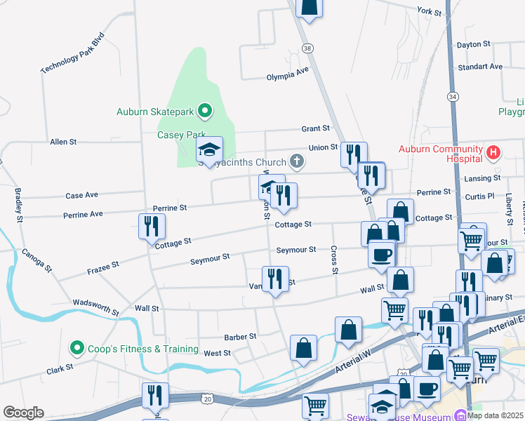 map of restaurants, bars, coffee shops, grocery stores, and more near 134 Washington Street in Auburn