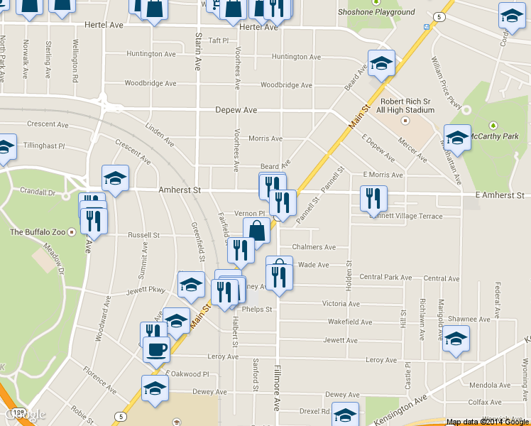 map of restaurants, bars, coffee shops, grocery stores, and more near 26-24 Vernon Place in Buffalo