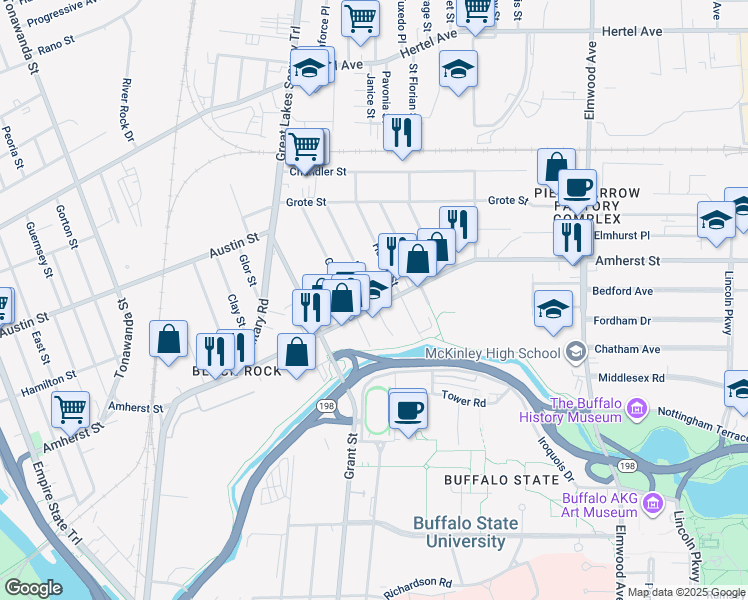 map of restaurants, bars, coffee shops, grocery stores, and more near 442 Amherst Street in Buffalo