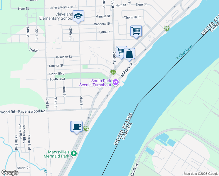 map of restaurants, bars, coffee shops, grocery stores, and more near 3815 Military Street in Port Huron