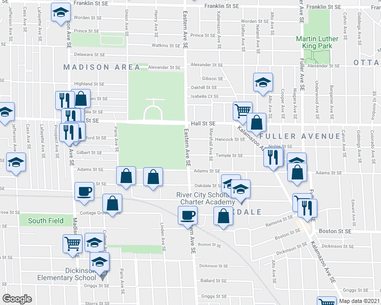 map of restaurants, bars, coffee shops, grocery stores, and more near 814 Temple Street Southeast in Grand Rapids