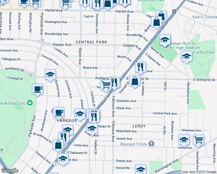 map of restaurants, bars, coffee shops, grocery stores, and more near 26-24 Vernon Place in Buffalo