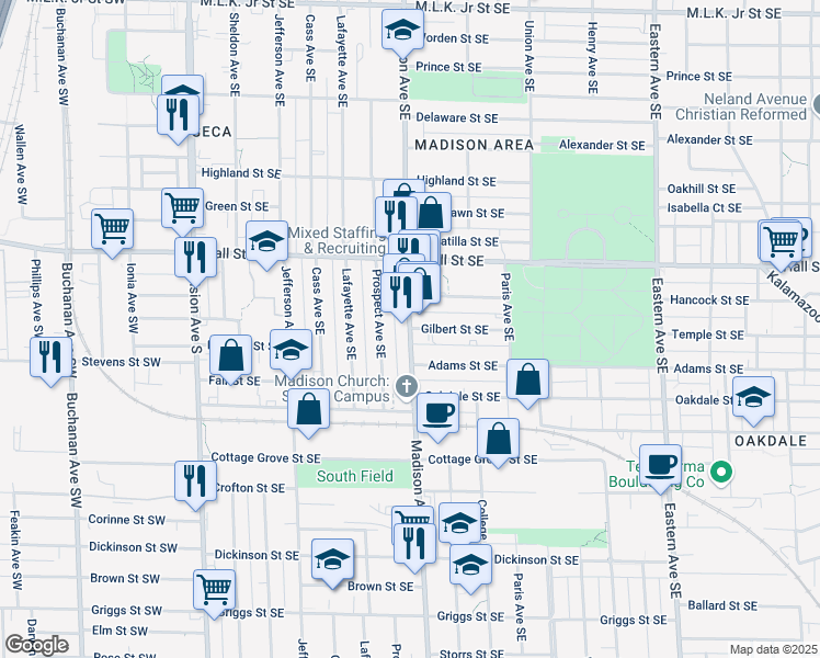 map of restaurants, bars, coffee shops, grocery stores, and more near 400 Gilbert Street Southeast in Grand Rapids