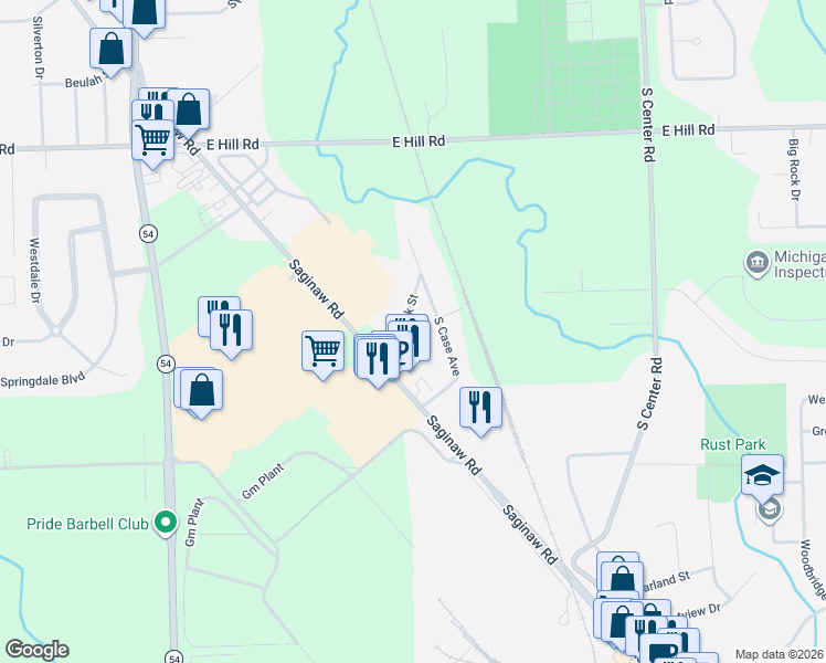 map of restaurants, bars, coffee shops, grocery stores, and more near 6200 South Case Avenue in Grand Blanc