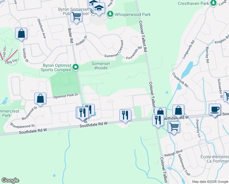 map of restaurants, bars, coffee shops, grocery stores, and more near 720 Apricot Drive in London