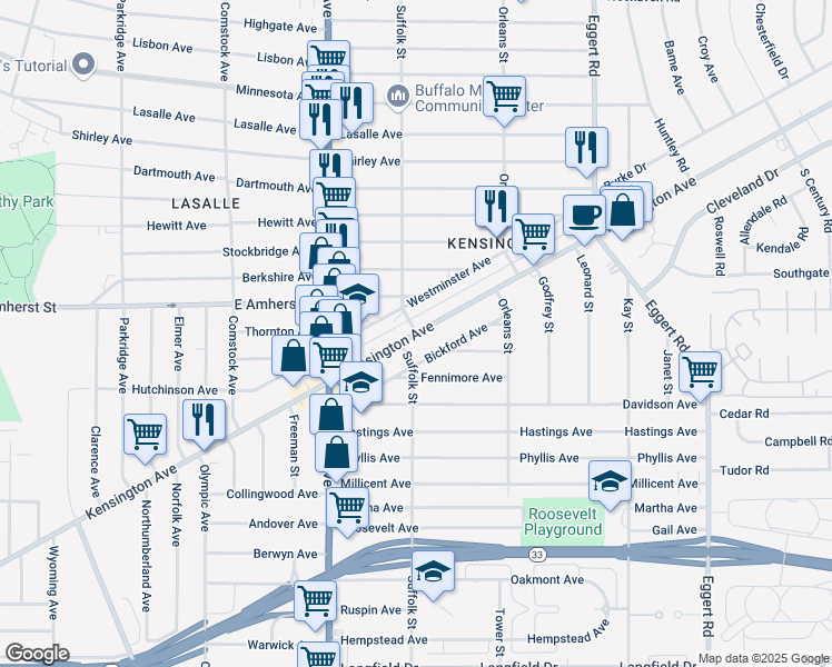 map of restaurants, bars, coffee shops, grocery stores, and more near Kensington Avenue & Suffolk Street in Buffalo