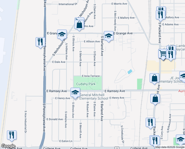 map of restaurants, bars, coffee shops, grocery stores, and more near 3036 East Iona Terrace in Cudahy