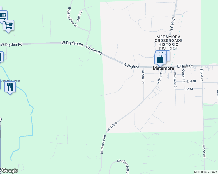 map of restaurants, bars, coffee shops, grocery stores, and more near 163 West High Street in Metamora