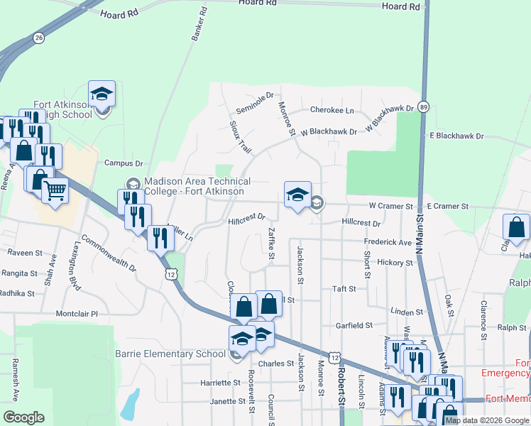 map of restaurants, bars, coffee shops, grocery stores, and more near 805 Hillcrest Drive in Fort Atkinson