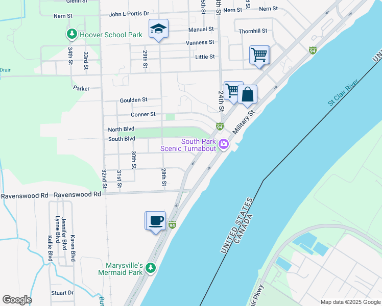 map of restaurants, bars, coffee shops, grocery stores, and more near 2636 Peavey Street in Port Huron