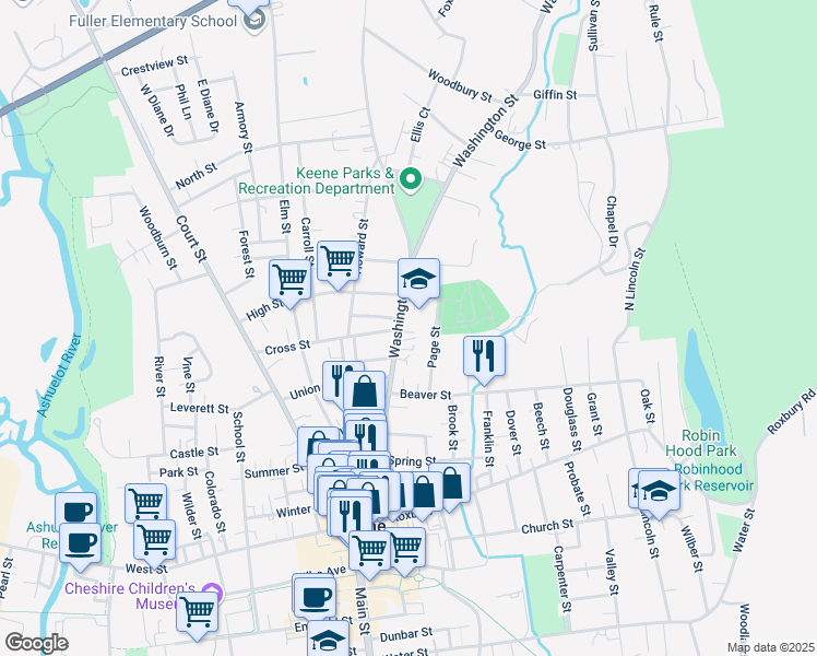 map of restaurants, bars, coffee shops, grocery stores, and more near 181 Washington Street in Keene