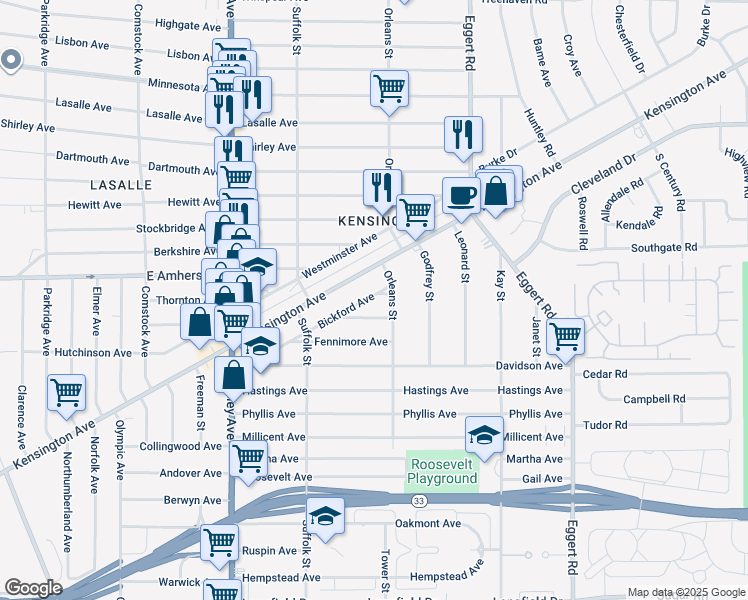 map of restaurants, bars, coffee shops, grocery stores, and more near 165 Bickford Avenue in Buffalo