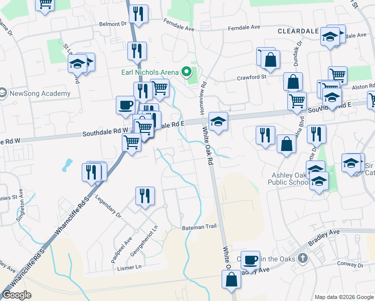 map of restaurants, bars, coffee shops, grocery stores, and more near 2591 Bateman Trail in London