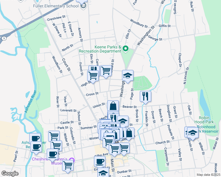 map of restaurants, bars, coffee shops, grocery stores, and more near 40 Green Street in Keene