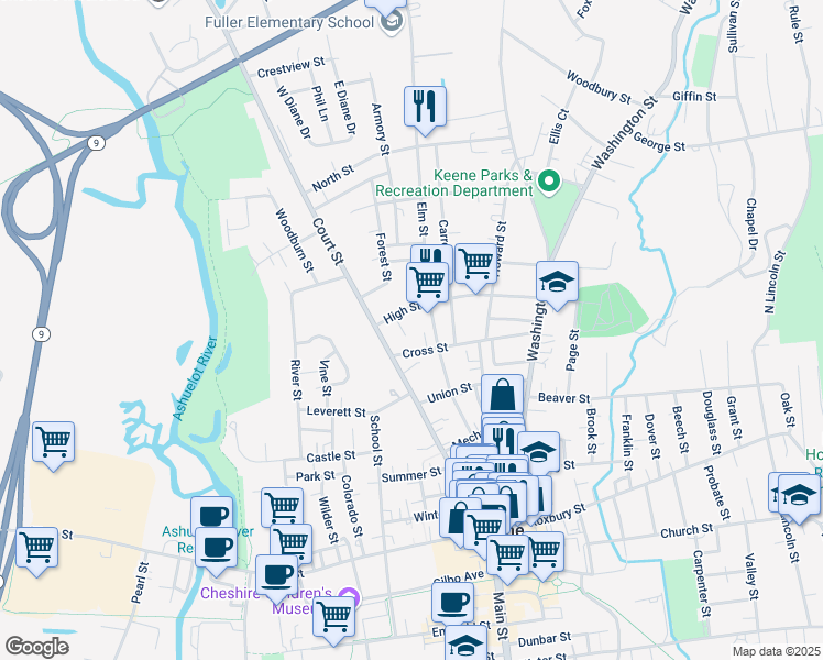 map of restaurants, bars, coffee shops, grocery stores, and more near 183 Court Street in Keene