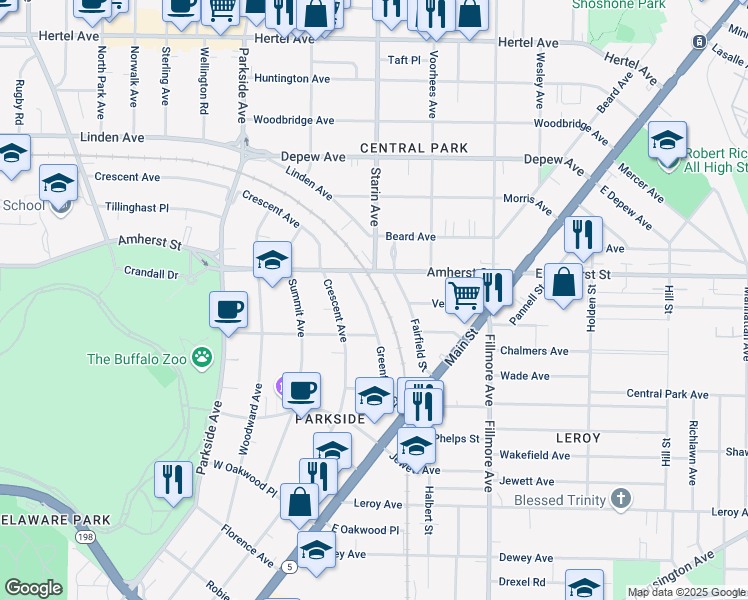 map of restaurants, bars, coffee shops, grocery stores, and more near 131 Greenfield Street in Buffalo