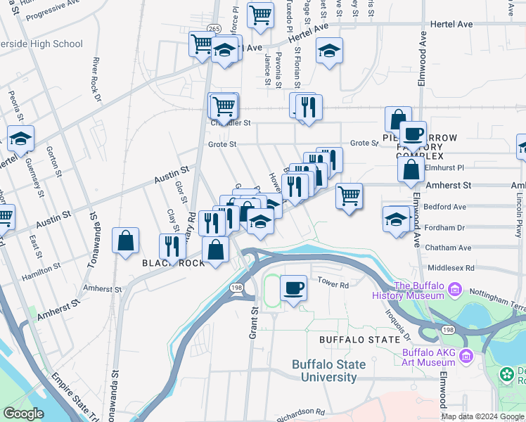 map of restaurants, bars, coffee shops, grocery stores, and more near 442 Amherst Street in Buffalo