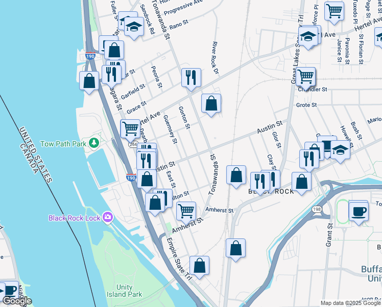 map of restaurants, bars, coffee shops, grocery stores, and more near 137 Austin Street in Buffalo