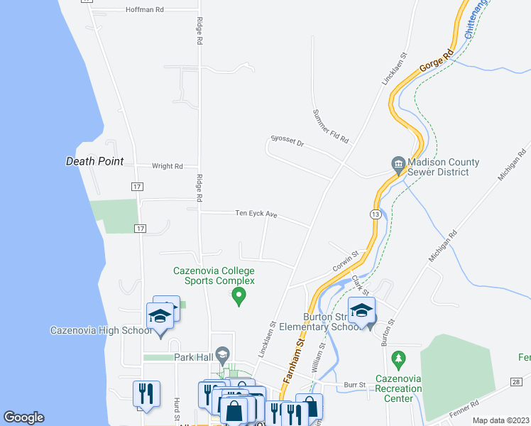 map of restaurants, bars, coffee shops, grocery stores, and more near 2158 Ten Eyck Avenue in Cazenovia