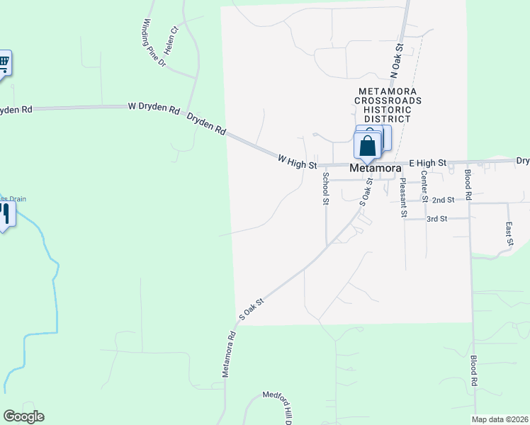 map of restaurants, bars, coffee shops, grocery stores, and more near 163 West High Street in Metamora