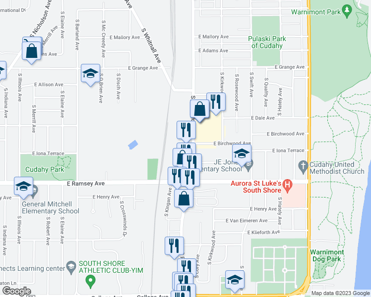 map of restaurants, bars, coffee shops, grocery stores, and more near 5779 South Packard Avenue in Cudahy