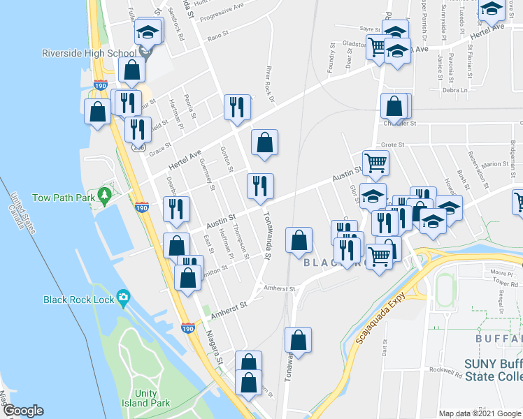 map of restaurants, bars, coffee shops, grocery stores, and more near 366 Tonawanda St in Buffalo