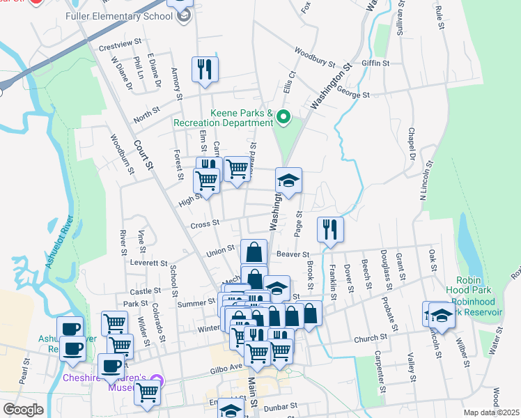 map of restaurants, bars, coffee shops, grocery stores, and more near 22 Cross Street in Keene
