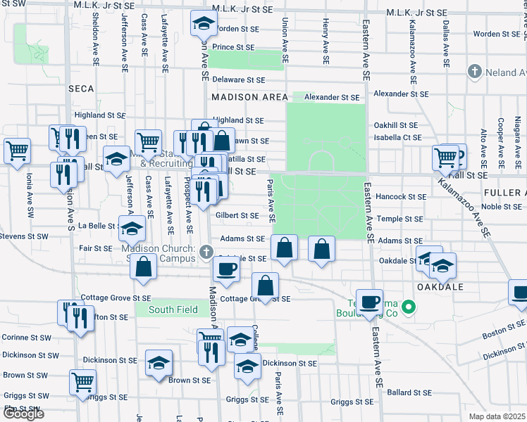 map of restaurants, bars, coffee shops, grocery stores, and more near 521 Gilbert Street Southeast in Grand Rapids