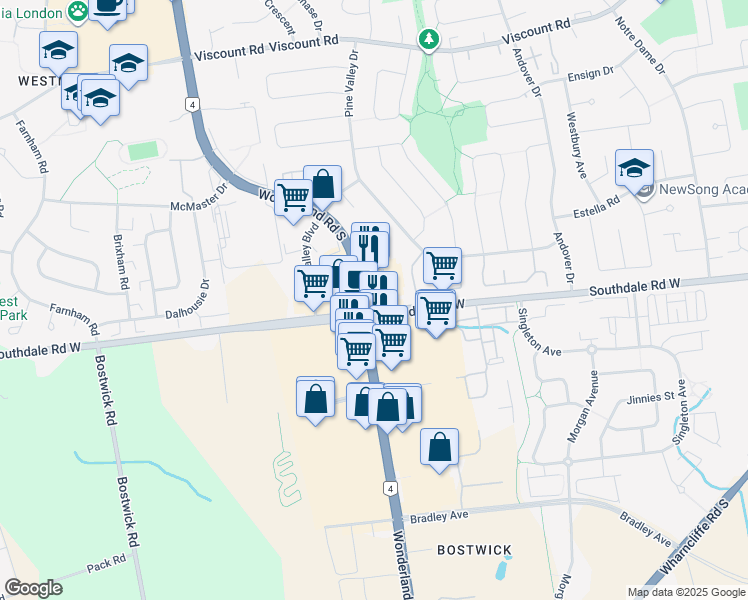 map of restaurants, bars, coffee shops, grocery stores, and more near 400 Southdale Road West in London