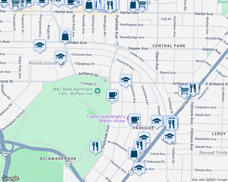 map of restaurants, bars, coffee shops, grocery stores, and more near 329 Parkside Avenue in Buffalo