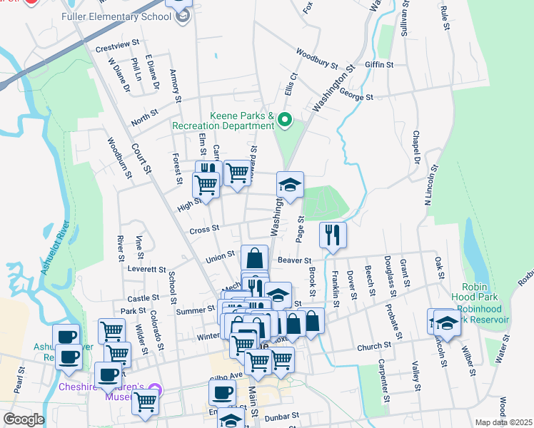 map of restaurants, bars, coffee shops, grocery stores, and more near 22 Cross Street in Keene
