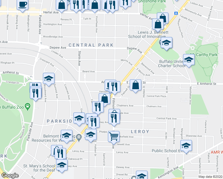 map of restaurants, bars, coffee shops, grocery stores, and more near 26-24 Vernon Place in Buffalo