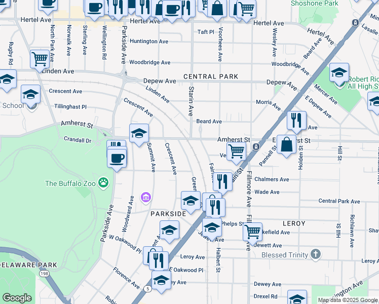 map of restaurants, bars, coffee shops, grocery stores, and more near 131 Greenfield Street in Buffalo
