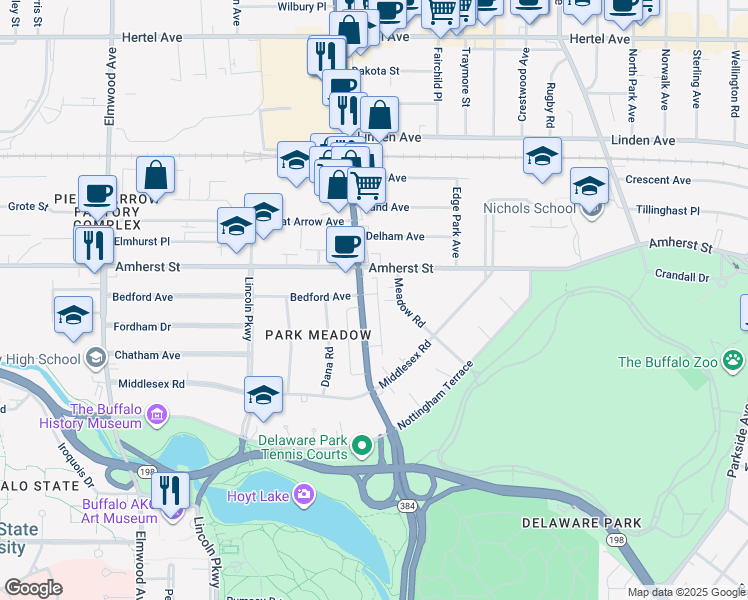 map of restaurants, bars, coffee shops, grocery stores, and more near 2005 Delaware Avenue in Buffalo