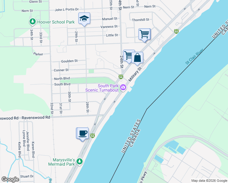 map of restaurants, bars, coffee shops, grocery stores, and more near 3815 Military Street in Port Huron
