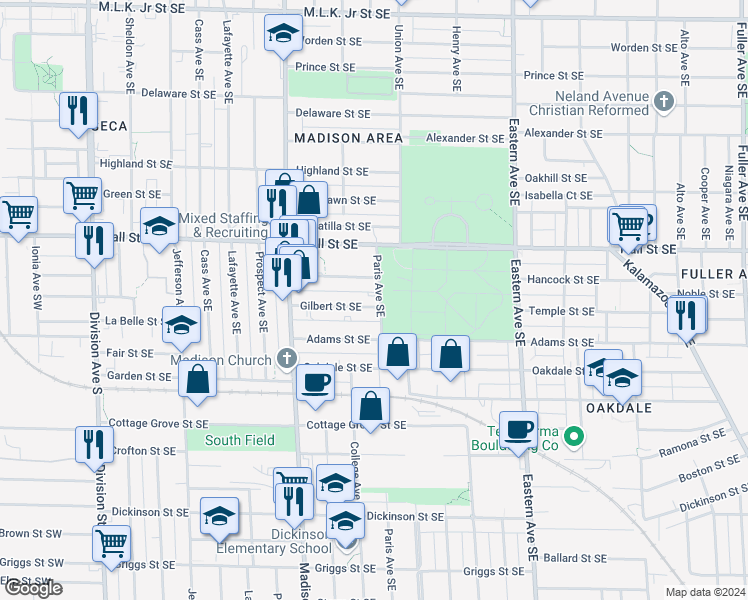 map of restaurants, bars, coffee shops, grocery stores, and more near 527 Gilbert Street Southeast in Grand Rapids