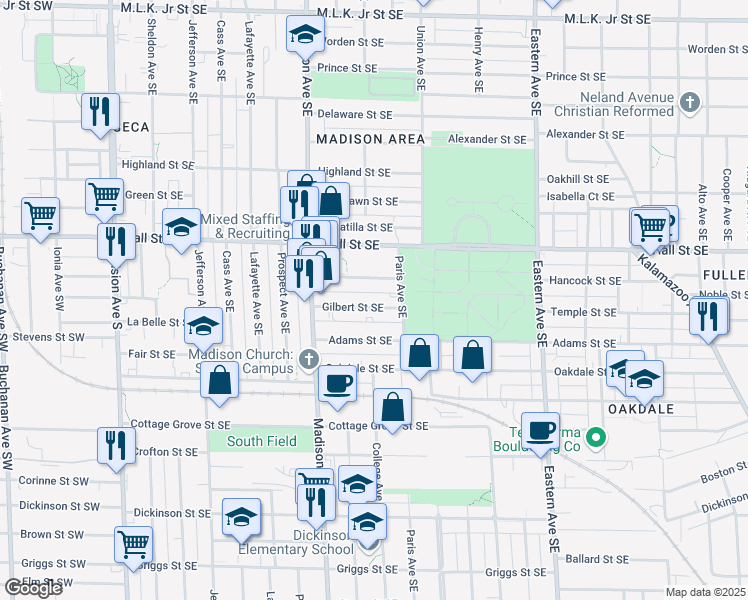 map of restaurants, bars, coffee shops, grocery stores, and more near 525 Gilbert Street Southeast in Grand Rapids