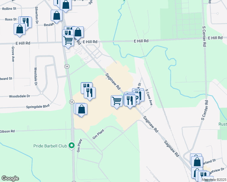 map of restaurants, bars, coffee shops, grocery stores, and more near 6200 South Saginaw Street in Grand Blanc