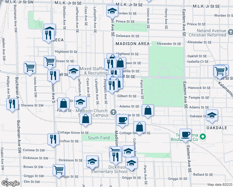 map of restaurants, bars, coffee shops, grocery stores, and more near 1258 Madison Avenue Southeast in Grand Rapids