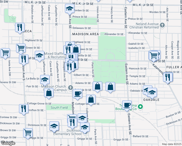 map of restaurants, bars, coffee shops, grocery stores, and more near 521 Gilbert Street Southeast in Grand Rapids