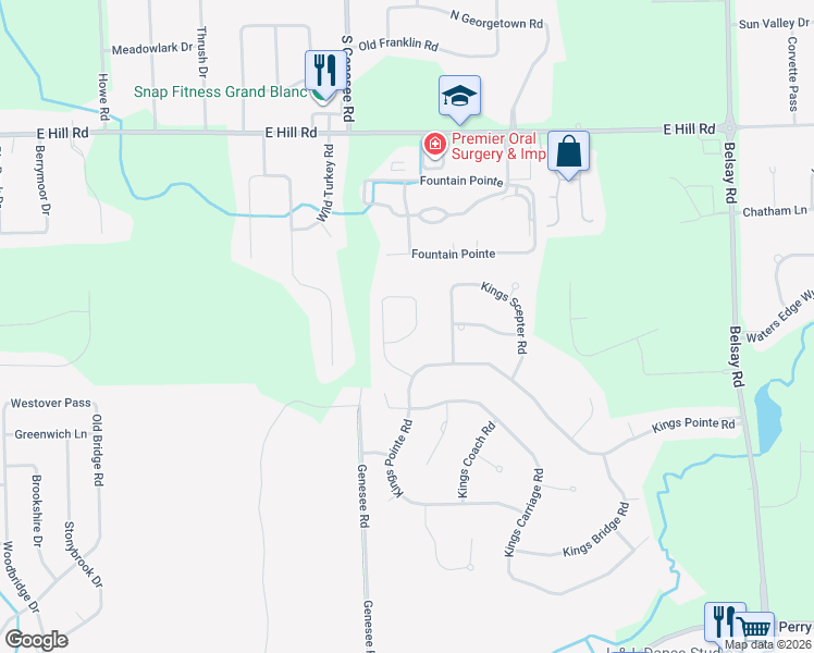 map of restaurants, bars, coffee shops, grocery stores, and more near 6231 Kings Shire Road in Grand Blanc