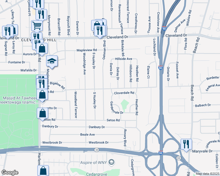map of restaurants, bars, coffee shops, grocery stores, and more near 183 Gardenvale Drive in Buffalo