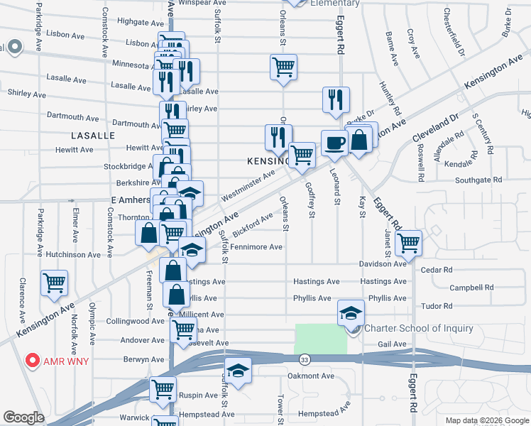 map of restaurants, bars, coffee shops, grocery stores, and more near 14 Alice Avenue in Buffalo