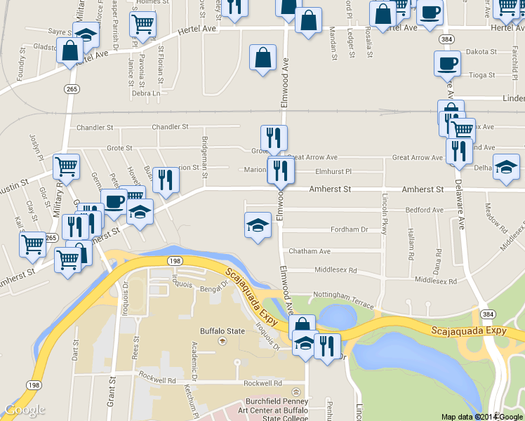 map of restaurants, bars, coffee shops, grocery stores, and more near 1550 Elmwood Avenue in Buffalo