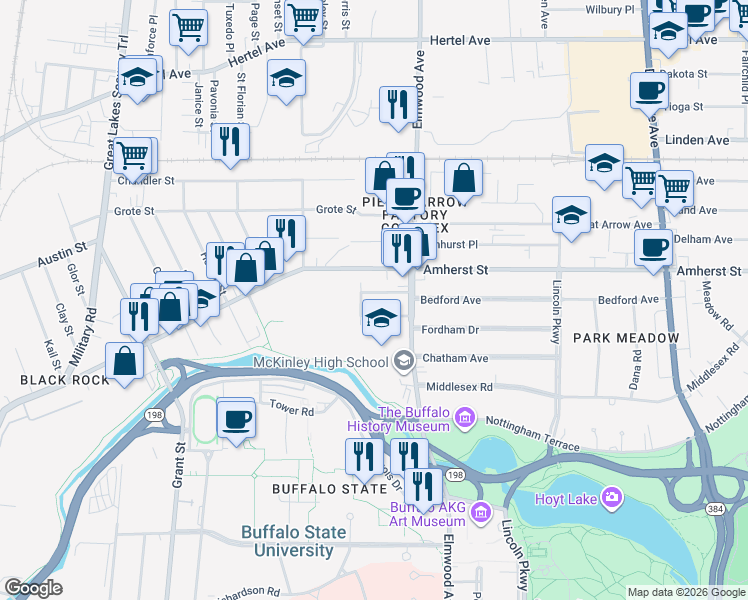map of restaurants, bars, coffee shops, grocery stores, and more near 46 Elmview Place in Buffalo