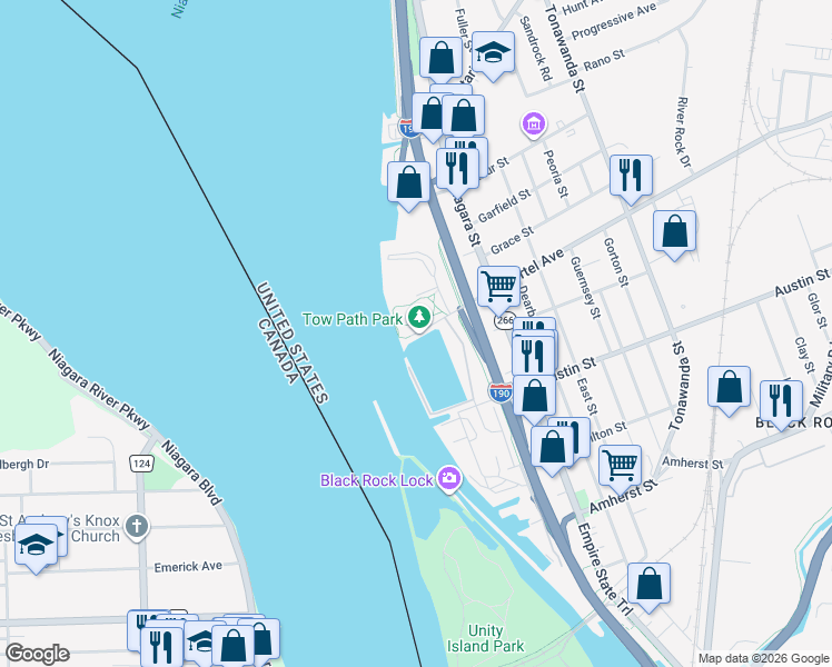 map of restaurants, bars, coffee shops, grocery stores, and more near 1 Hertel Avenue in Buffalo